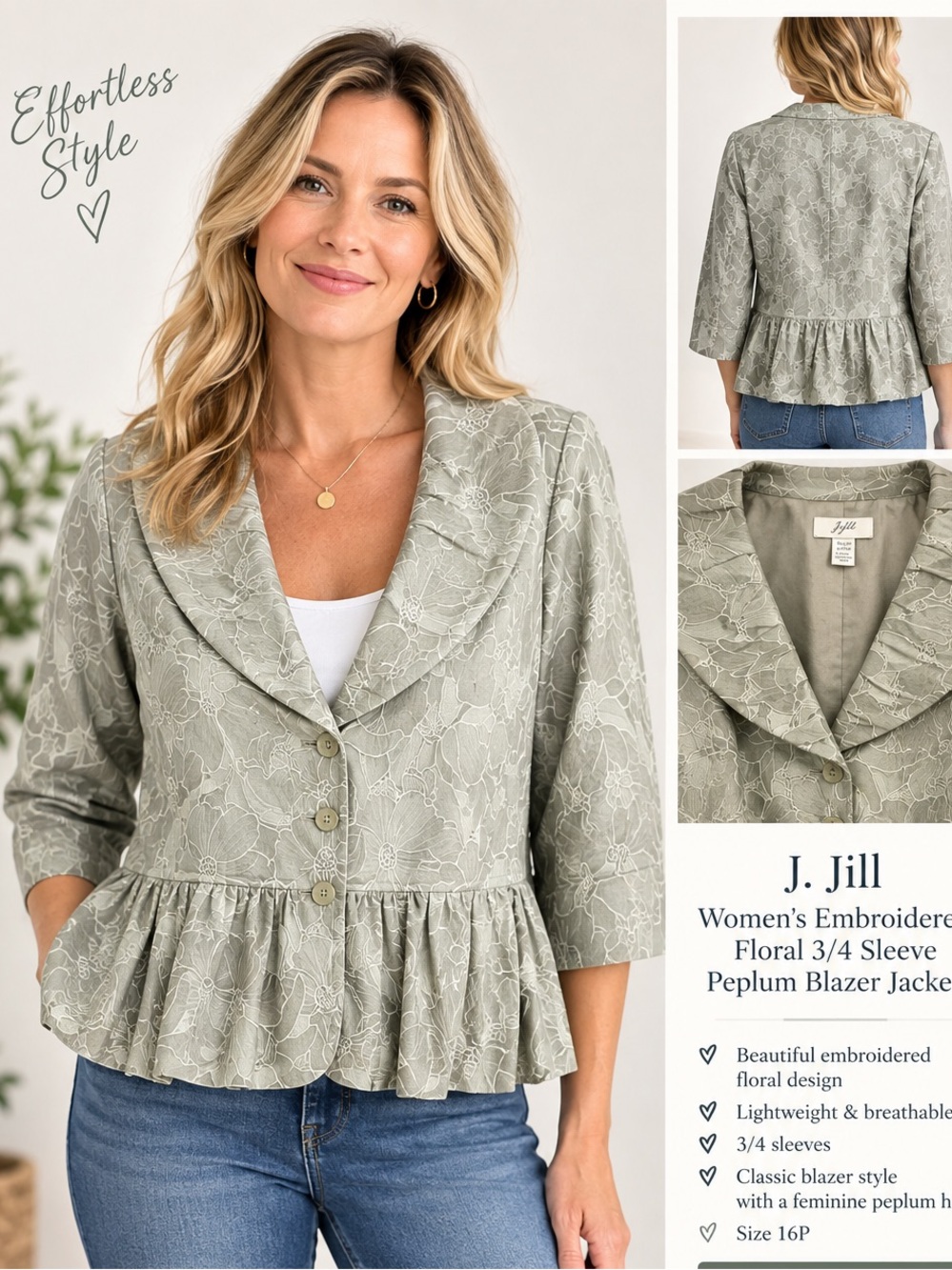 J. Jill Floral Embroidered Peplum Blazer Jacket 16P Gray Sage 3/4 Sleeve